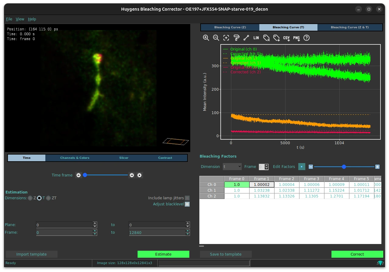 Tool window. The slicer views show an XY MIP projection, with standard slicer controls to inspect the image. The average intensities can be seen in the graph for each channel, along with the corrected channels.